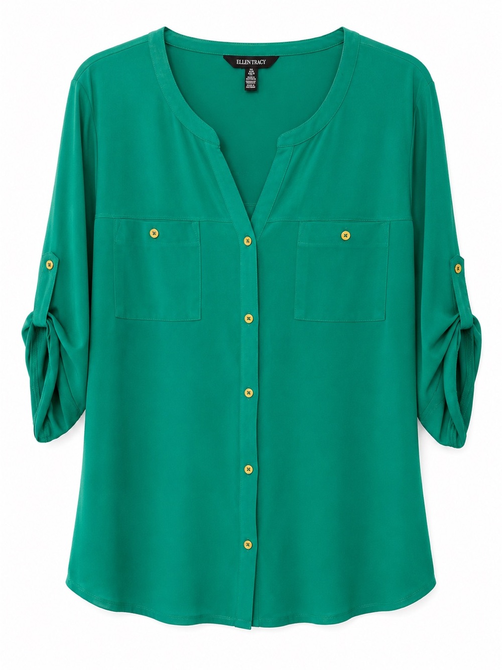 Ellen Tracy Emerald Green Button-Front Roll-Sleeve Blouse size L